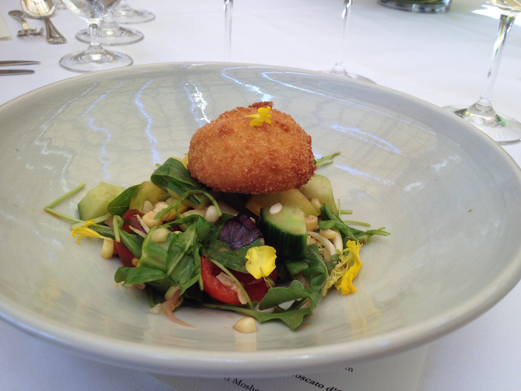 Summer vegetable salad with burrata cheese croquette, part of lunch at Mondavi