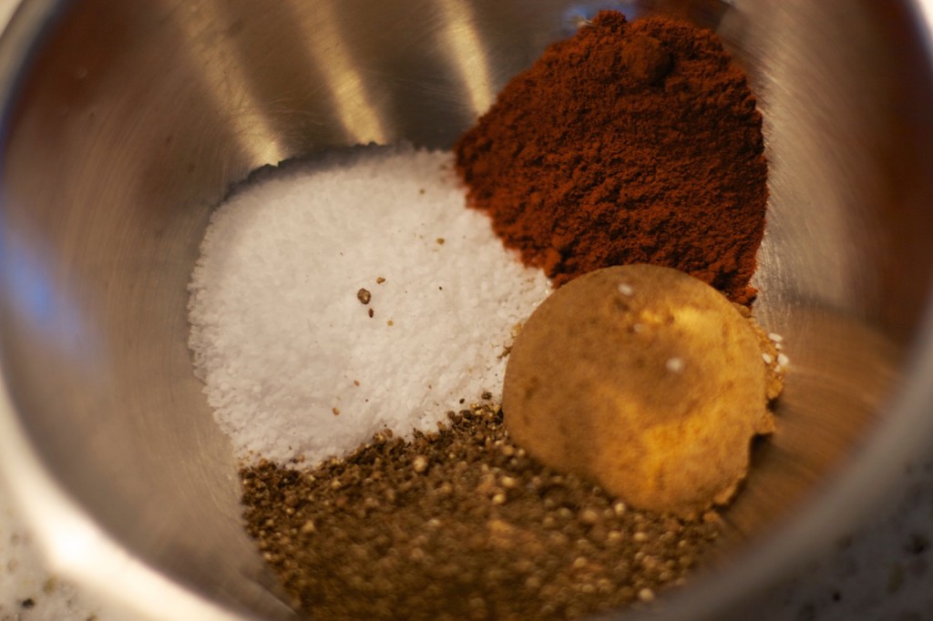 The spices: Salt, fresh ground black pepper, hot Hungarian paprika and brown sugar