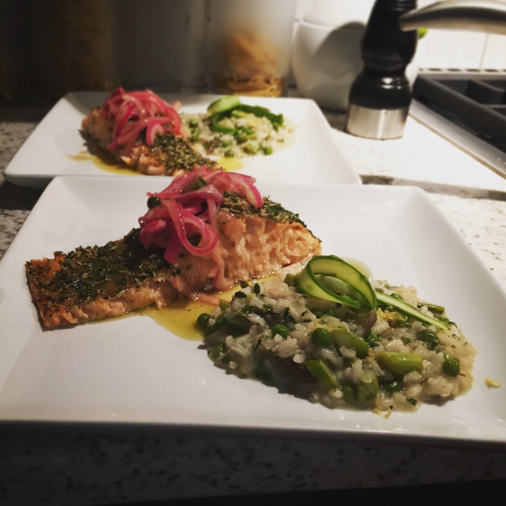 Herb Crusted Salmon with Onion Caper Topping and spring risotto