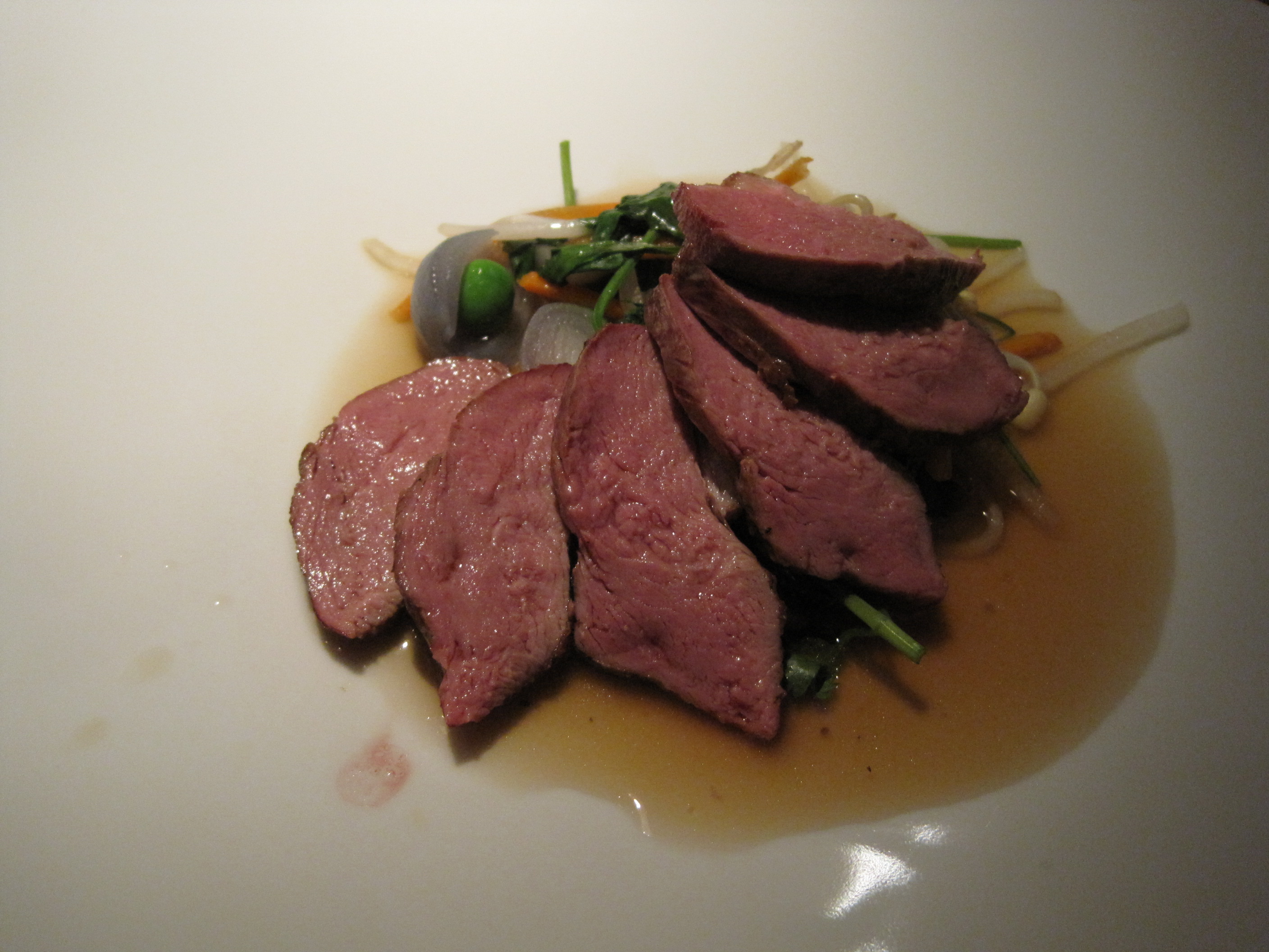 duck breast, "faux, pho", carrot-daikon-bean sprouts-cilantro, rice dumplings, spiced duck consomme