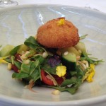 Summer vegetable salad with burrata cheese croquette, part of lunch at Mondavi
