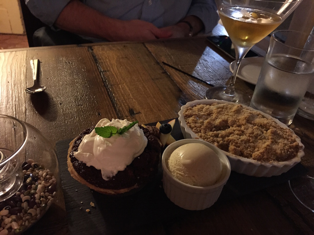 Duo of desserts: apple mango cobbler and chocolate pecan pie