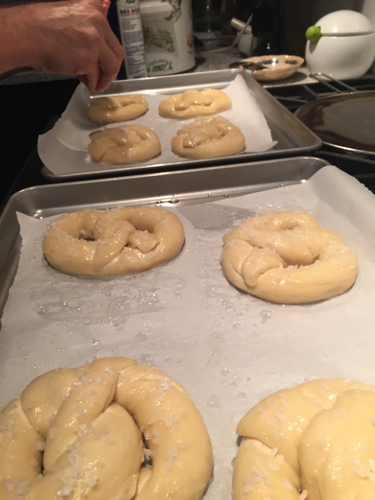 Salting the pretzels (we used kosher)